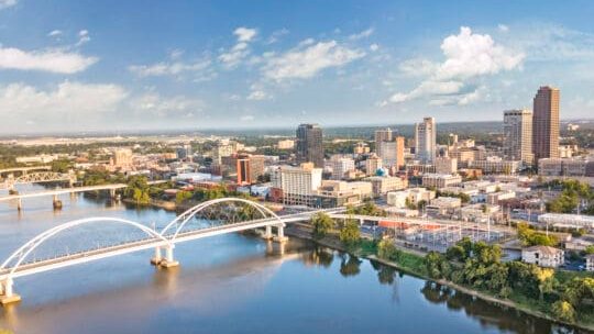 Little Rock, Arkansas skyline and the Arkansas River bridges